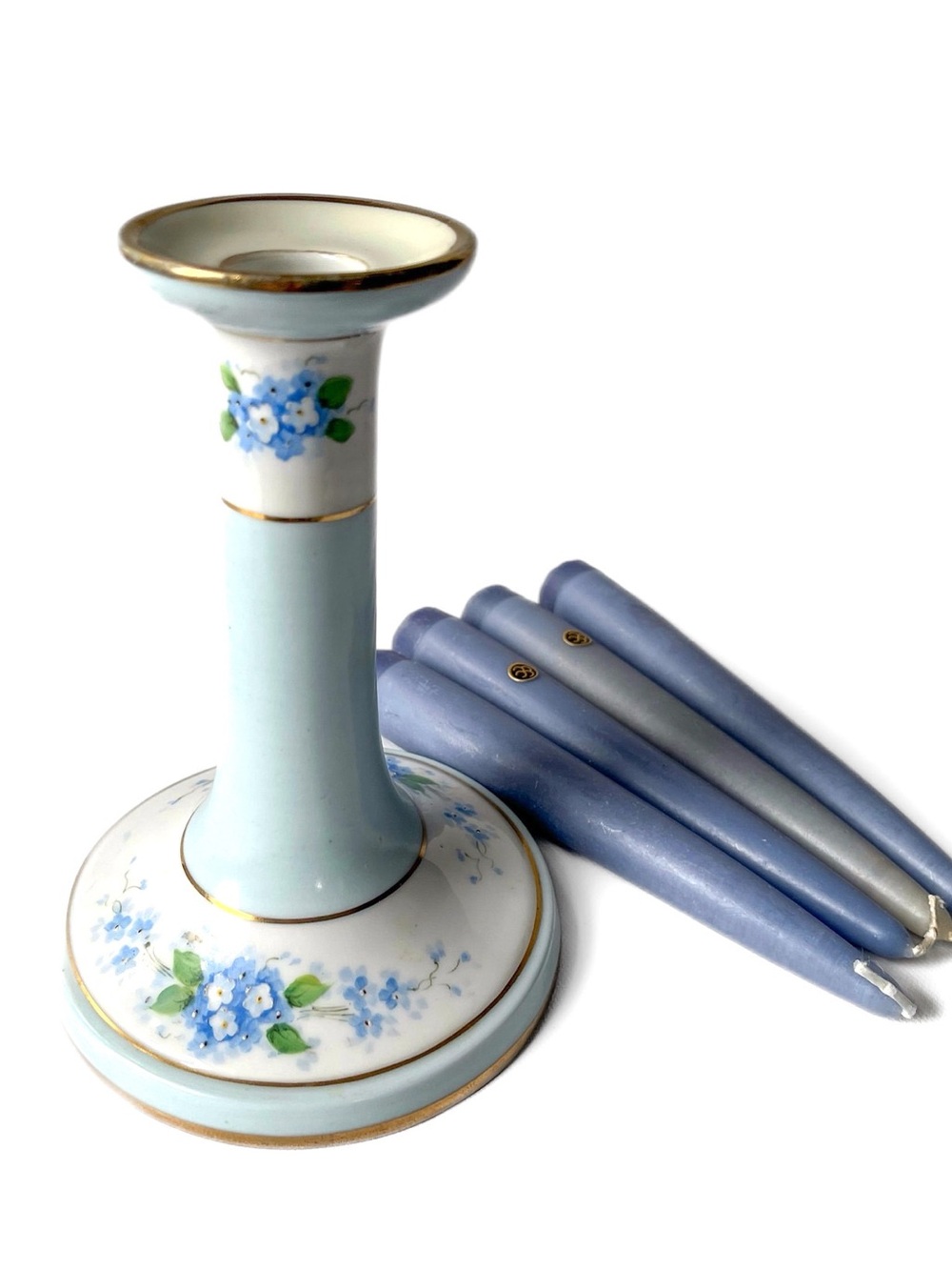1918 Noritake Antique Candlestick Holder Aqua Porcelain & 4 Periwinkle Candles
